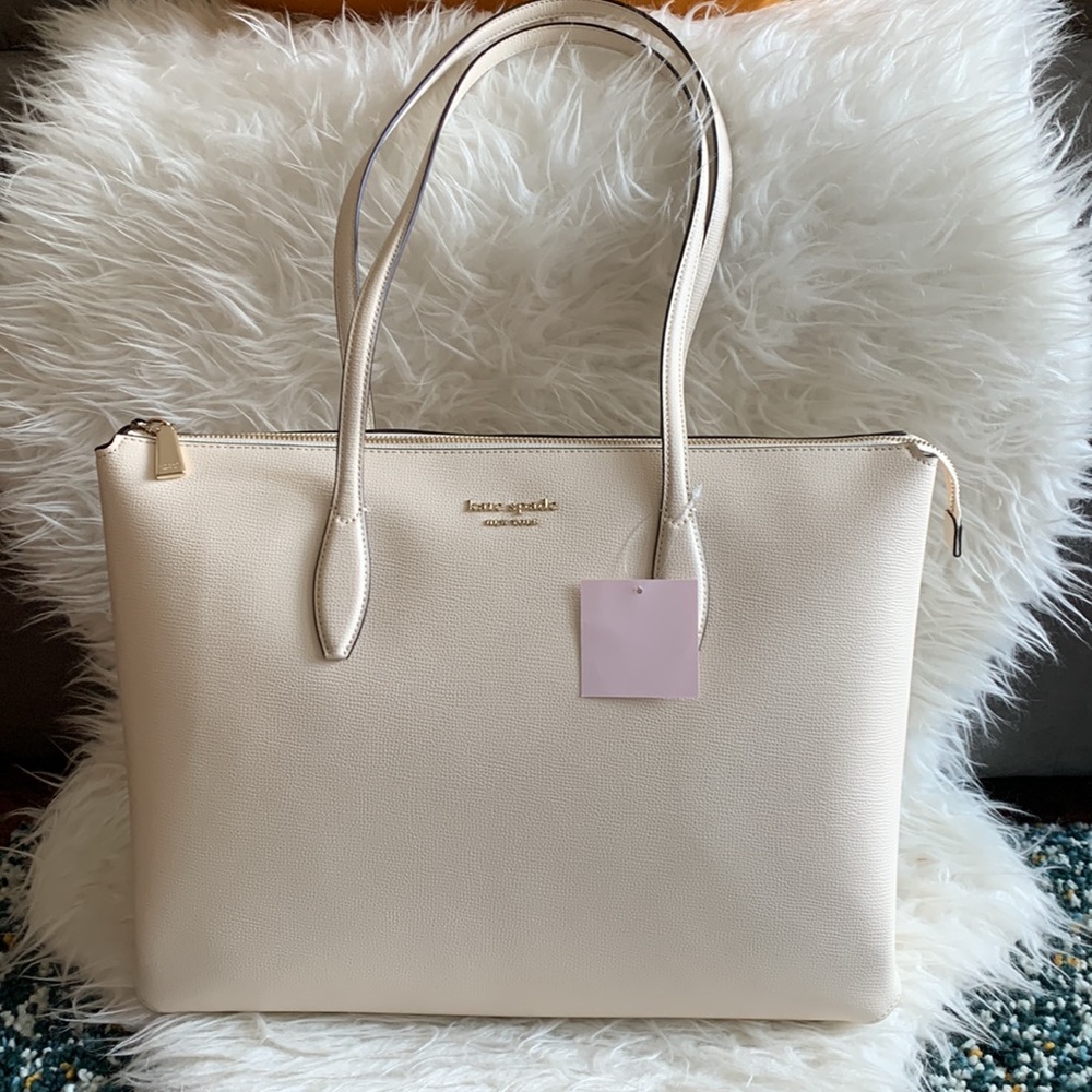 Kate Spade New York All Day Large Zip Top White Leather Tote NWT
